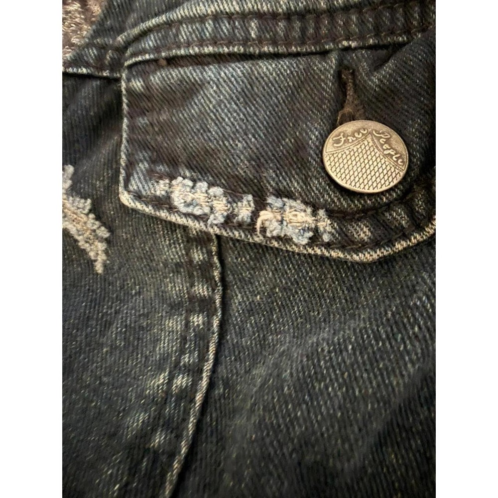 Free People Denim Jacket Hoodie Small Blue Distressed Knit Sleeve Boho Y2K - Picture 4 of 8